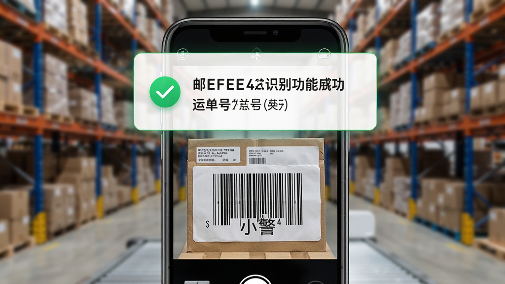 邮小警智能单号识别功能展示,画面为手机摄像头对准快递面单上的条形码,屏幕上方浮现识别成功的提示框,显示运单号和快递公司名称,背景为模糊的仓库环境,风格为科技感写实风,细节包括绿色识别成功对勾图标,画质高清,干净,无多余元素