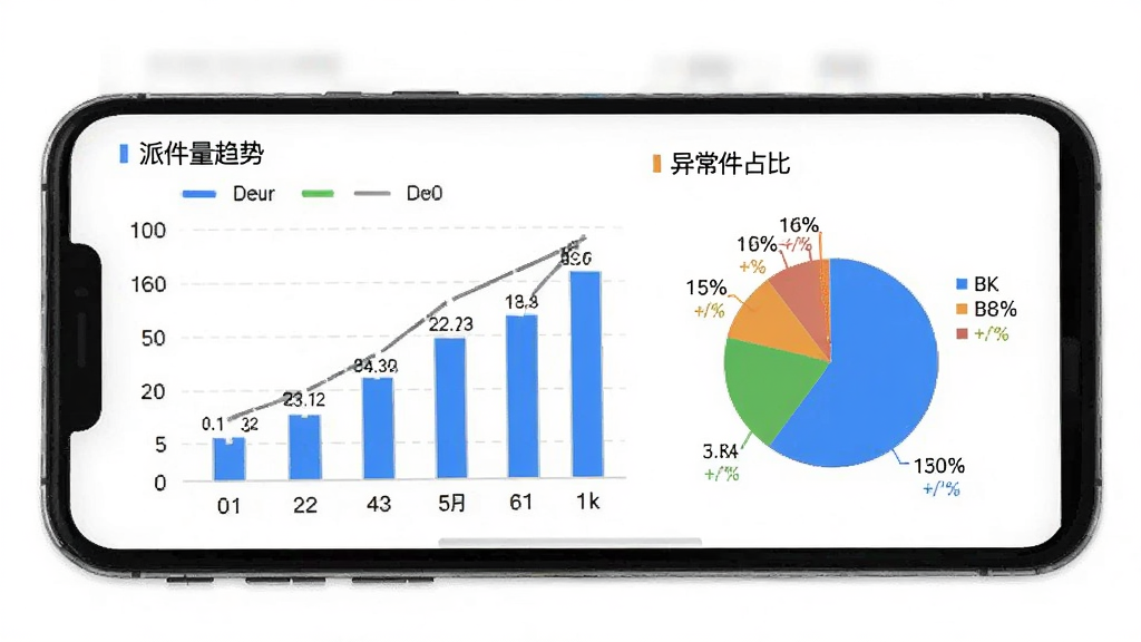 邮小警数据统计与报表页面,画面为手机屏幕显示柱状图和饼图,图表展示派件量趋势和异常件占比,背景为白色,风格为数据可视化风,细节包括图例标注和数值标签,画质清晰,干净,无多余元素