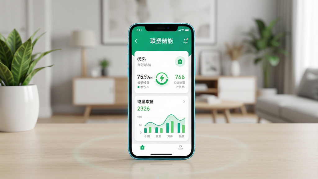 主体为一部智能手机,屏幕上显示“联塑储能”App的主界面,界面中有储能设备状态卡片和电量数据图表;布局为手机居中放置在浅色桌面上,背景为现代家居环境;排版简洁,手机屏幕内容清晰可见;风格为科技感与生活化结合;细节包括手机边缘光效、桌面绿植点缀、屏幕上的绿色能源图标;画质高清、干净、无多余元素