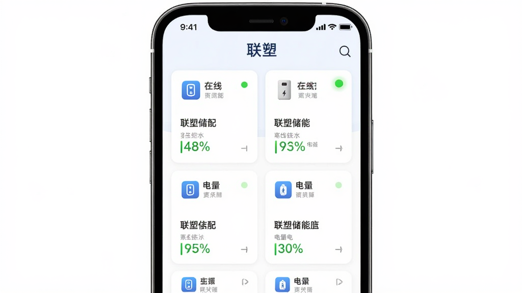 主体为“联塑储能”App的多设备管理界面;布局为手机屏幕中显示多个设备卡片,每个卡片标注设备名称和状态;排版为网格状排列;风格为简约商务风;细节包括设备图标、在线状态指示灯、电量百分比;画质高清、干净、无多余元素