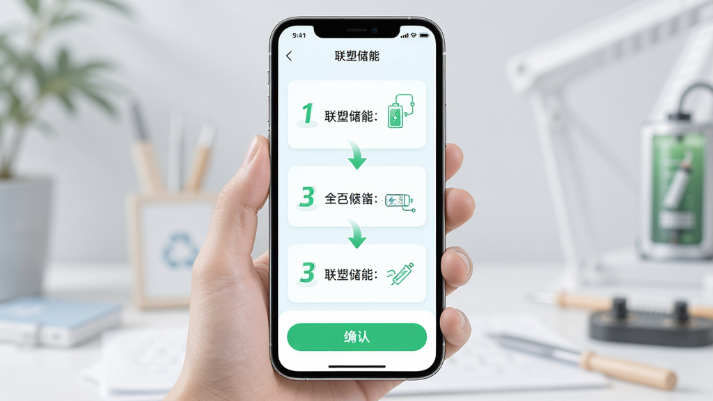 主体为“联塑储能”App的新手操作引导页面;布局为手机屏幕居中,屏幕内显示分步引导图示;排版为上下结构,步骤清晰;风格为清新浅色系;细节包括步骤序号、箭头指引、绿色确认按钮;画质高清、干净、无多余元素