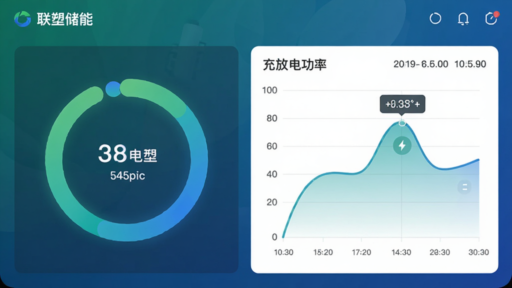 主体为“联塑储能”App的数据监控界面截图风格插画;布局为左侧显示电池电量环形图,右侧显示充放电功率曲线图;排版整齐,信息层级分明;风格为扁平化科技风;细节包括绿色与蓝色渐变配色、数据标签、时间轴;画质高清、干净、无多余元素