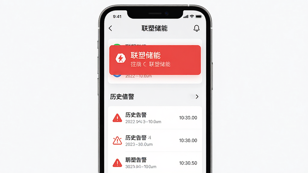 主体为“联塑储能”App的告警通知界面;布局为手机屏幕居中,屏幕上方弹出红色告警提示框,下方显示历史告警列表;排版清晰,重点突出;风格为现代UI设计风;细节包括红色与白色对比、图标警示符号、时间戳;画质高清、干净、无多余元素
