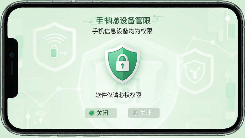 手机信息设备检测的权限管理页面,画面中显示软件仅申请必要权限,其余权限均为关闭状态,界面中央有盾牌图标象征安全,背景为浅绿色调,风格为安全防护主题,布局为居中展示,细节清晰,画质干净,无多余元素