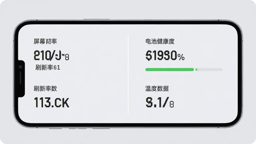手机信息设备检测的屏幕与电池检测页面,左侧显示屏幕分辨率与刷新率参数,右侧显示电池健康度与温度数据,中间用分隔线隔开,背景为柔和的浅灰色,界面风格为清新简约,布局为左右分栏,细节清晰,画质干净,无多余元素