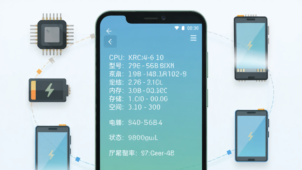 一部安卓手机屏幕中央显示着手机信息设备检测的界面,界面中清晰列出CPU型号、运行内存、存储空间、电池状态、屏幕分辨率等硬件参数,背景为简洁的浅色渐变,手机周围环绕着芯片、电池、屏幕等图标元素,整体风格为扁平化科技风,布局居中对称,细节清晰,画质干净,无多余元素