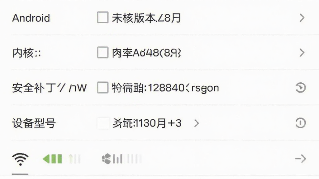 手机信息设备检测的系统信息页面,画面中展示安卓版本、内核版本、安全补丁日期、设备型号等条目,下方有网络状态指示图标,背景为纯白色,界面风格为极简商务,布局为列表式排列,细节工整,画质干净,无多余元素