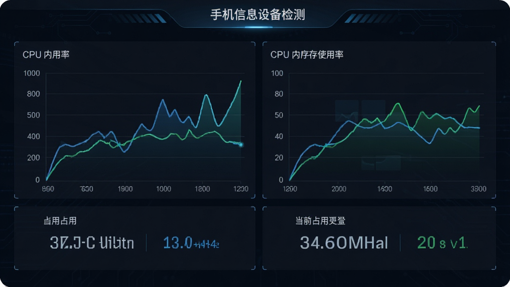 手机信息设备检测的实时监控界面,画面中央显示CPU与内存使用率的动态折线图,图表下方有当前占用数值,背景为深色模式,界面风格为科技感仪表盘,布局为上下结构,细节清晰,画质干净,无多余元素