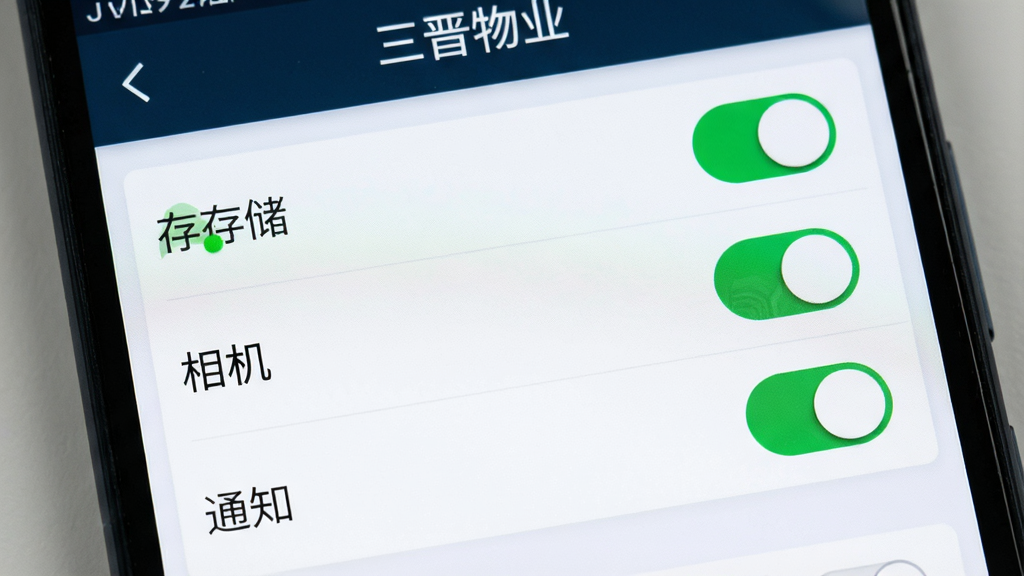 一部安卓手机屏幕特写,屏幕显示“三晋物业”App的权限管理设置页面,页面中有存储、相机、通知三个权限开关均处于开启状态,手机背景为深色,画面布局为居中特写,风格为数码产品评测风,细节强调开关的绿色状态和清晰的文字标签,画质锐利,干净整洁无多余元素