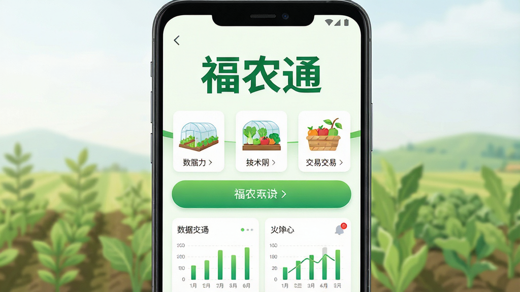 手机屏幕居中展示一款绿色主题的农业服务应用界面,上方是“福农通”三个大字,页面中有农田、蔬菜大棚、农产品交易图标,主体为一部安卓手机,布局为正面平视,排版简洁清晰,风格为现代扁平化UI设计,细节包含绿色渐变按钮、数据图表、消息通知红点,画质高清,干净,无多余元素