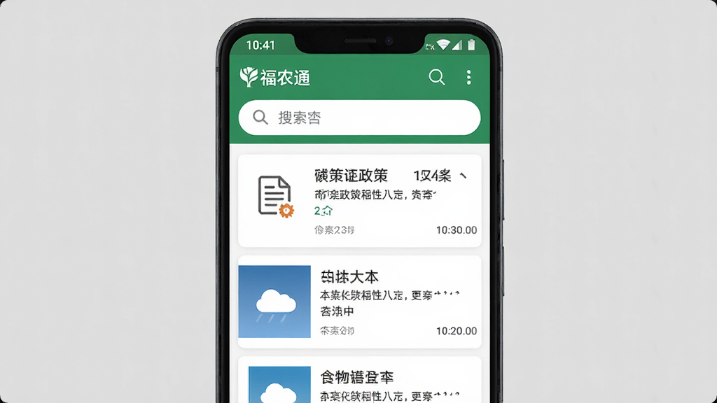 手机界面展示“福农通”资讯列表,画面主体为一部竖屏安卓手机,布局为上下结构,上方是搜索框,下方是新闻卡片列表,风格为简约资讯阅读风,细节包含政策文件图标、天气云朵图标、时间戳,画质高清,干净,无多余元素