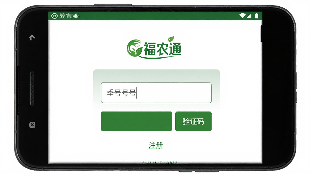 手机屏幕显示“福农通”登录页面,画面主体为一部安卓手机,布局为居中表单,排版为上方logo下方输入框,风格为简洁农业绿,细节包含手机号输入框、验证码按钮、注册链接,画质高清,干净,无多余元素