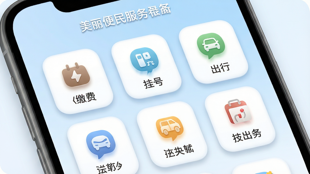 美丽伊犁便民服务功能界面,手机屏幕显示网格状服务图标,包含缴费、挂号、出行等模块,背景为淡蓝色渐变,布局清晰,风格柔和圆角,细节有图标阴影和文字标签,画质高清,干净,无多余元素