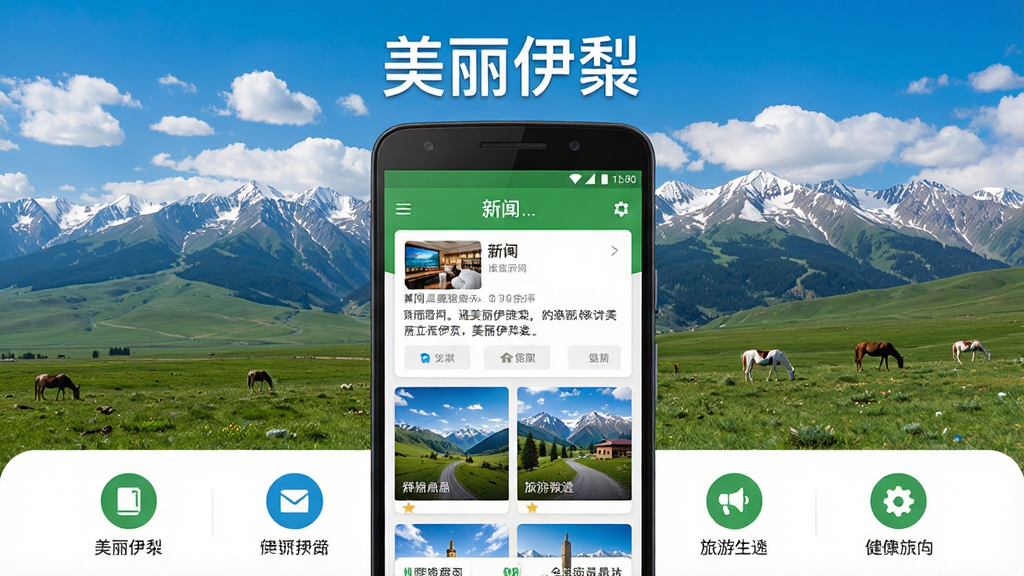 美丽伊犁手机应用主界面展示,画面中央放置一部安卓手机,屏幕显示美丽伊犁APP首页,包含新闻资讯卡片和旅游景点缩略图,背景是伊犁草原与雪山风光,布局为上下结构,上方标题文字“美丽伊犁”,下方为功能图标排列,风格清新自然,细节包含蓝天白云和绿色草地,画质高清,干净,无多余元素