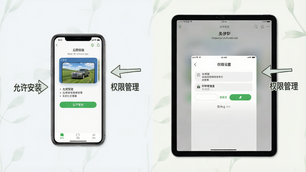 美丽伊犁使用教程示意图,画面展示一部手机和一部平板并排,屏幕分别显示应用安装步骤和权限设置界面,布局左右对比,风格清爽素雅,细节有箭头指引和文字标注“允许安装”“权限管理”,画质高清,干净,无多余元素