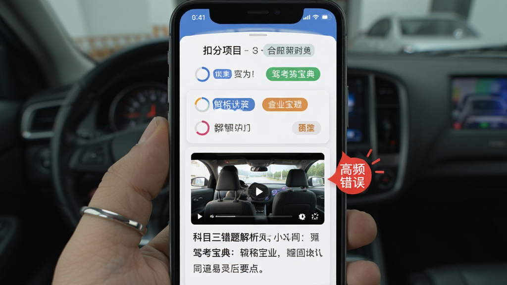 驾考宝典科目三错题解析界面,手机屏幕上半部分显示扣分项目列表,下半部分显示对应项目的视频讲解缩略图和文字要点,右侧有红色标记的高频错误标签,布局为上下分栏排版,风格为清爽卡片式UI风格,细节包含进度环、标签色块、解析文字等元素,画质清晰干净无多余元素