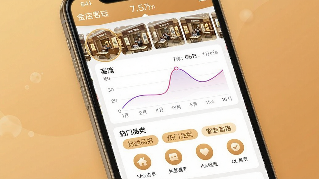 一张展示金店门店客流与销售动态的手机应用界面图,画面主体为手机屏幕,屏幕内包含门店照片缩略图、客流曲线图、热门品类标签,背景为暖色调,布局上下分区,风格亲和直观,细节包括门店名称、客流数字、品类图标,画质清晰,干净,无多余元素