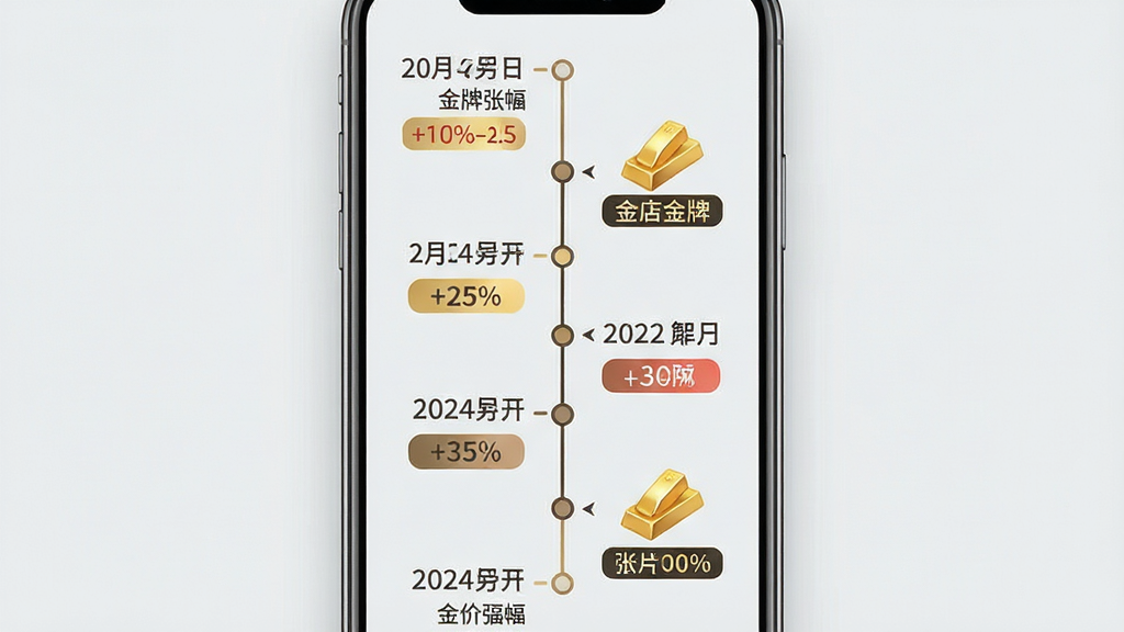 一张以时间线形式展示金店涨价动态的手机界面图,画面中央为竖向时间轴,时间轴节点上标注不同日期与金价上涨幅度,节点旁配有金店名称和小型金条图标,背景为浅灰色,布局简洁清晰,风格现代商务,细节包括日期文字、涨跌百分比、品牌标签,画质高清,干净,无多余元素