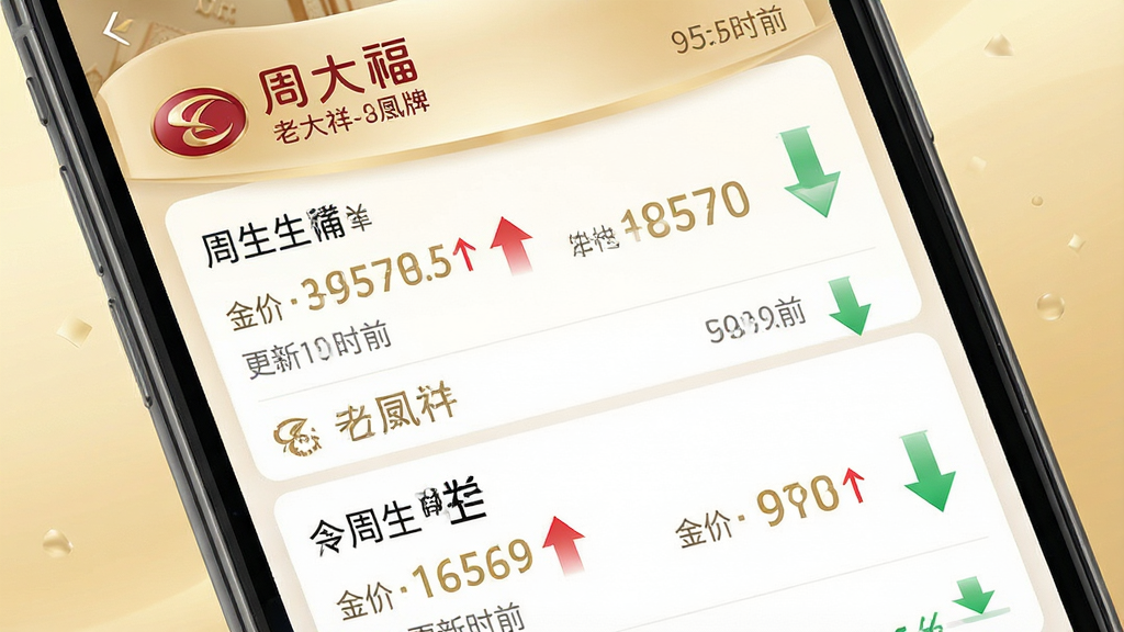 一张展示多个金店品牌价格对比的手机应用界面图,画面主体为手机屏幕,屏幕内排列着周大福、老凤祥、周生生等品牌名称与对应金价数字,数字旁配有红色上涨箭头和绿色下跌箭头,背景为淡金色渐变,布局上下排列整齐,风格商务简洁,细节包括品牌logo、价格单位、更新时间,画质清晰,干净,无多余元素