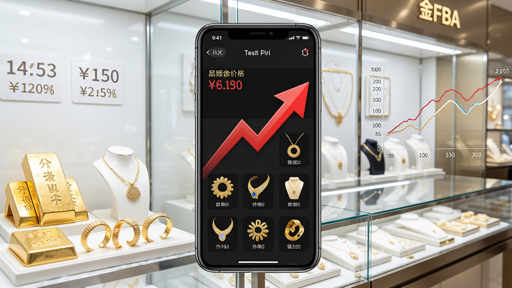一张手机屏幕展示黄金价格走势图与金店柜台场景融合的图片,画面中央放置手机,手机屏幕显示红色上涨箭头和各类黄金饰品图标,背景为明亮整洁的金店展示柜,柜内陈列金条、金手镯、金项链,整体布局左中右三栏,手机居中突出,风格现代简洁,细节包括价格数字、品牌标识、趋势曲线,画质高清,干净,无多余元素