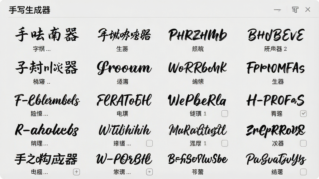 一张展示“手写生成器”字体选择界面的图片,画面中整齐排列着多行不同风格的手写字体样例,每行字体下方标注着字体名称,背景为浅灰色,字体颜色为黑色,整体布局清晰明了,风格简约现代,画质干净,无多余装饰元素