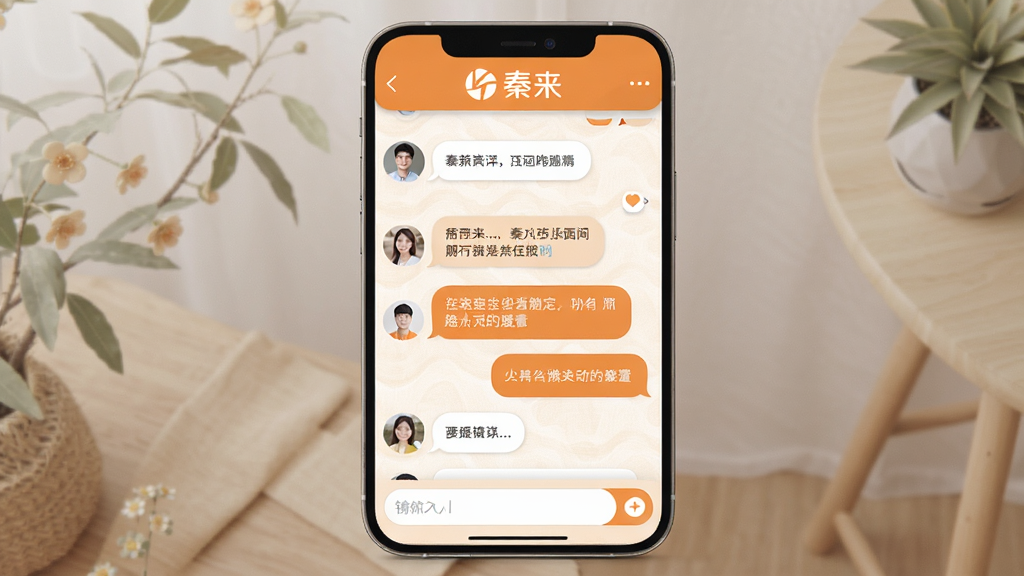 画面主体是一个社区聊天界面,界面顶部有“秦来”Logo,中间是用户头像和对话气泡,底部有输入框。布局为典型的社交软件聊天窗口样式,排版清晰。风格温馨,色调以暖橙色和白色为主。细节上气泡带有圆角,背景有淡淡的纹理。画质细腻,干净整洁,无多余元素。