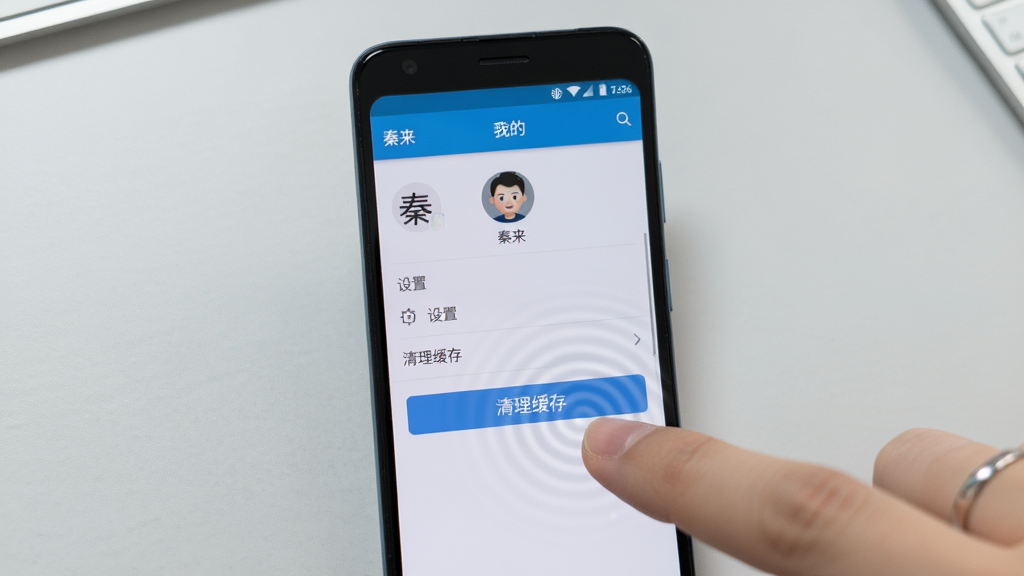 画面主体是一部安卓手机,屏幕上显示“秦来”App的“我的”页面,页面包含头像、设置选项和清理缓存按钮。布局为手机竖屏正面展示,背景为浅灰色桌面。排版清晰,风格简约实用。细节上手指正点击“清理缓存”选项,屏幕有轻微触控反馈波纹。画质清晰,干净明亮,无多余元素。