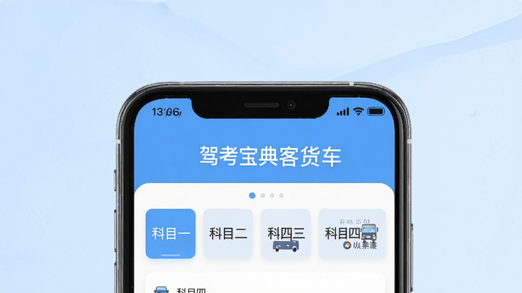 驾考宝典客货车APP主界面展示,画面中央是一部智能手机,屏幕显示题库练习页面,顶部标注“驾考宝典客货车”字样,页面下方排列科目一至科目四的选项卡,背景为淡蓝色渐变,风格简洁现代,细节清晰,画质干净,无多余元素