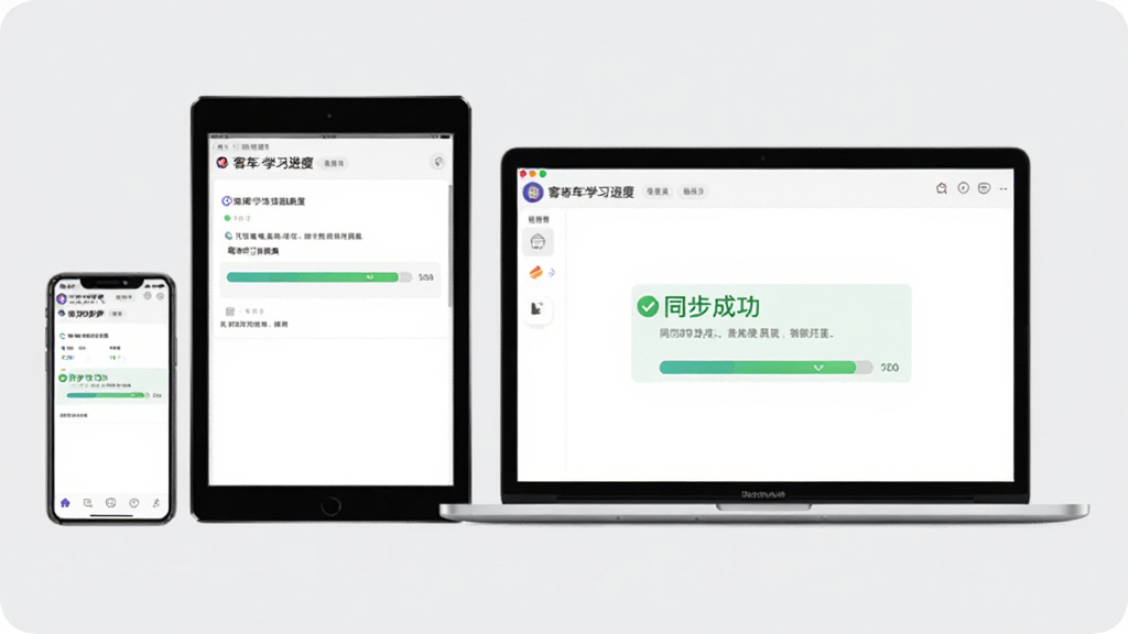 驾考宝典客货车学习进度云同步示意图,画面中同时出现手机、平板和笔记本电脑三种设备,屏幕均显示相同的题库进度条和“同步成功”提示,背景为浅灰色,风格科技简洁,画质干净,无多余元素