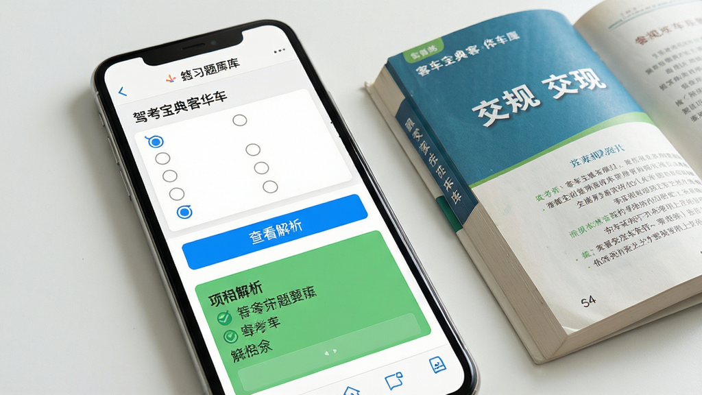 驾考宝典客货车题库界面截图风格展示,画面中手机屏幕显示多选题练习,题目下方有“查看解析”按钮,解析区域用绿色底色标注,旁边配有一本打开的交规教材,整体布局清晰,风格写实,画质干净,无多余元素