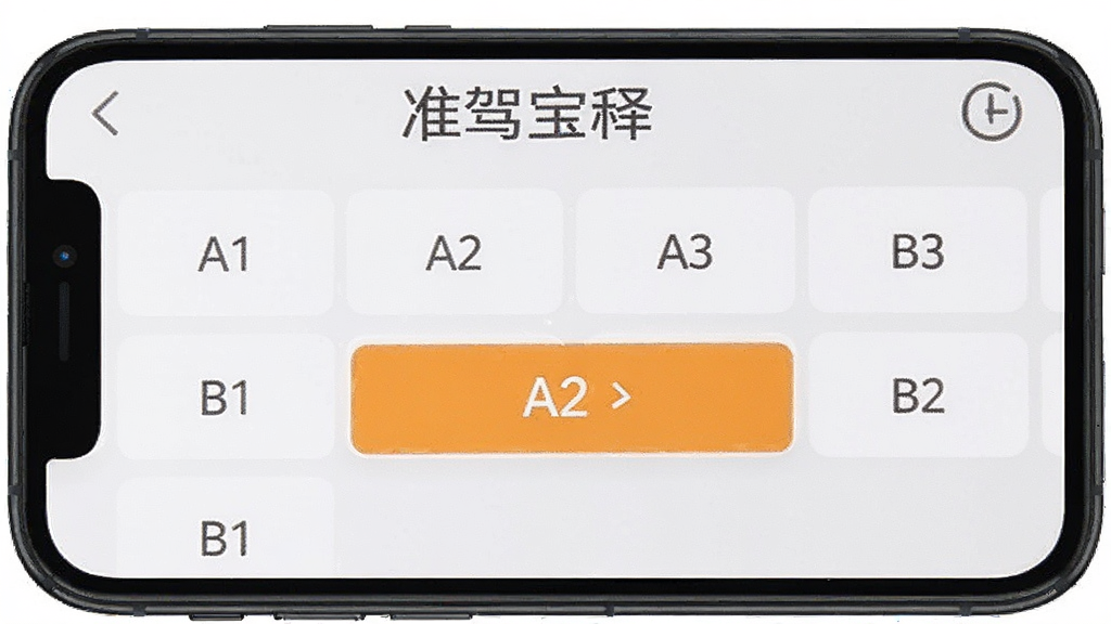 驾考宝典客货车新手设置引导页面,手机屏幕显示准驾车型选择列表,A1、A2、A3、B1、B2等选项清晰排列,其中A2选项被高亮标注,背景为浅色,风格简洁明了,画质干净,无多余元素
