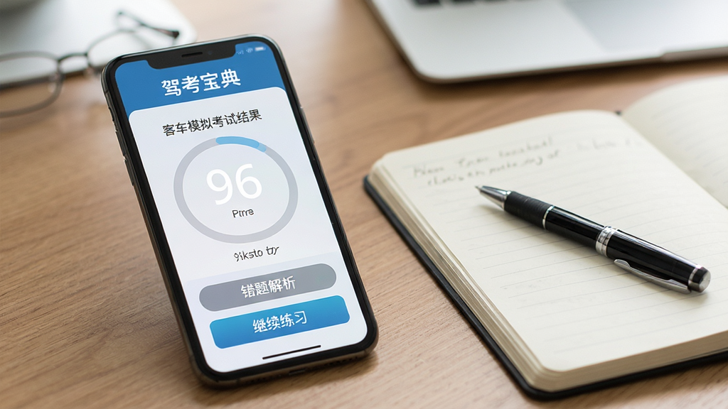 驾考宝典客货车模拟考试结果页面,手机屏幕显示分数为96分,下方有“错题解析”和“继续练习”按钮,背景为整洁的桌面环境,旁边放着一支笔和笔记本,风格真实自然,细节丰富,画质清晰,无多余元素