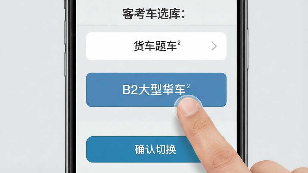 驾考宝典客货车货车题库切换示意图,手机屏幕显示车型选择界面,B2大型货车选项被手指点击,界面下方出现“确认切换”按钮,背景为浅灰色,风格直观清晰,画质干净,无多余元素