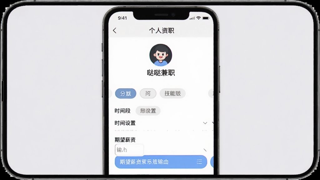 手机屏幕展示哒哒兼职的个人资料设置页面,有技能标签选择、时间段设置和期望薪资输入框,界面设计友好,背景为浅灰色,风格简洁实用,画质清晰,无多余元素
