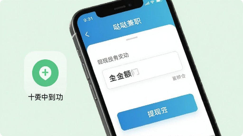 手机展示哒哒兼职的提现页面,有金额输入框和提现按钮,旁边有到账成功的提示图标,背景为浅绿色,风格清新友好,画质清晰,无多余元素