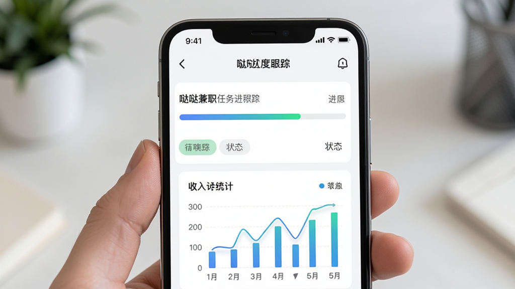 手机屏幕显示哒哒兼职的任务进度跟踪页面,有进度条、状态标签和收入统计图表,界面设计清爽,背景为白色,风格现代简约,画质干净,无多余元素