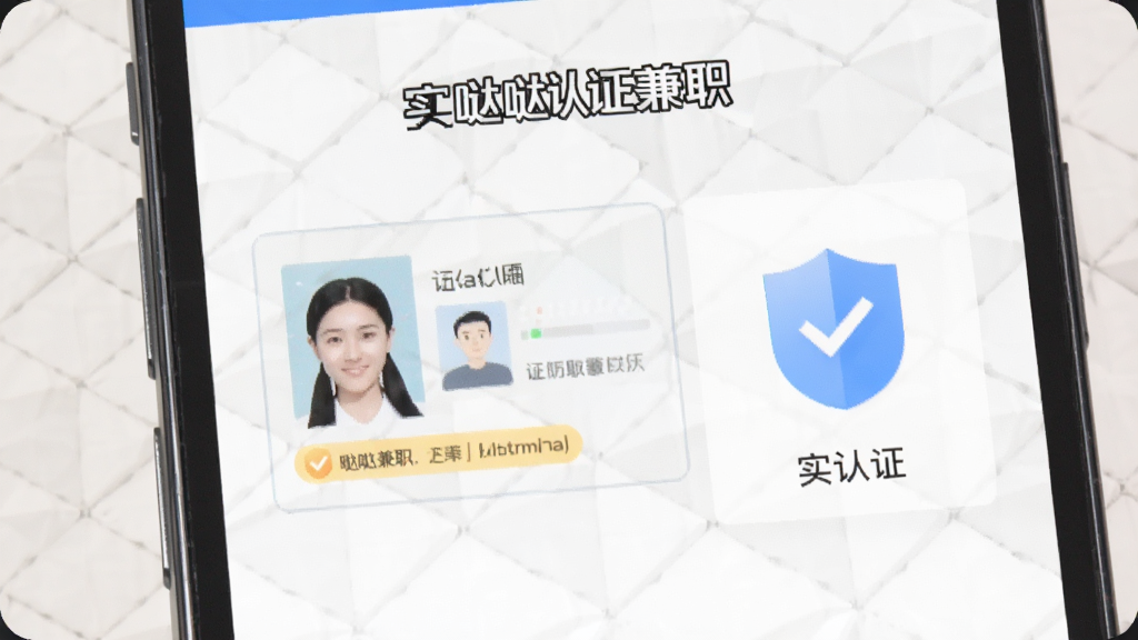 手机界面展示哒哒兼职的实名认证页面,有身份证上传区域和认证标识,旁边有盾牌图标象征安全,背景为浅色几何纹理,风格商务简洁,画质清晰,无多余元素