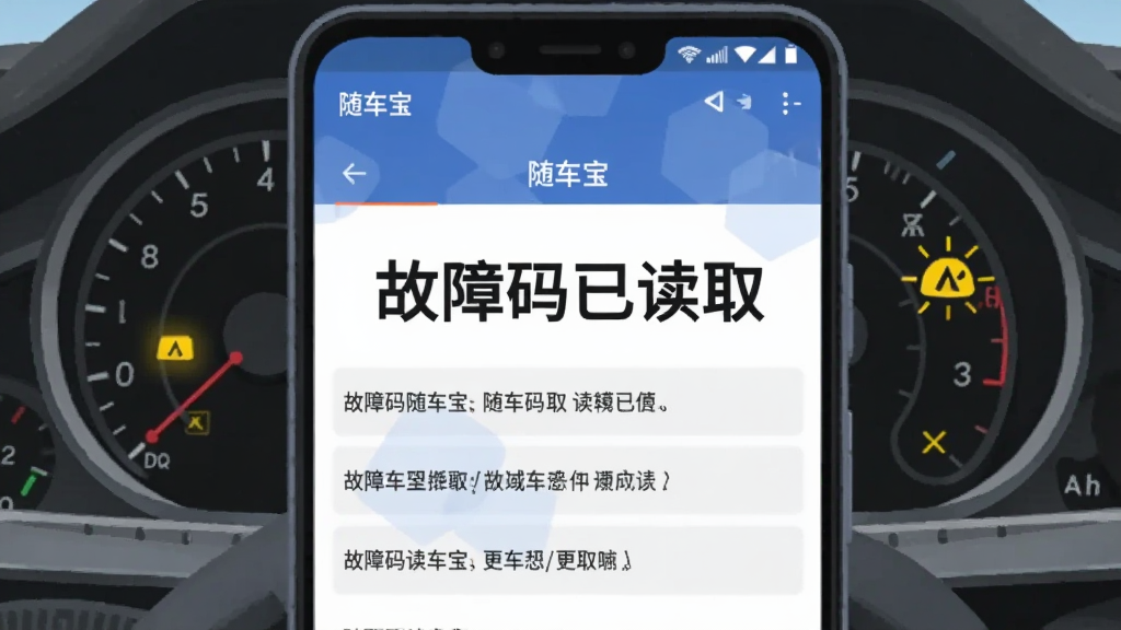 一部安卓手机横屏展示“随车宝”故障码读取结果页面,页面中央用大号字体显示“故障码已读取”,下方列出三条中文故障描述;手机背景为汽车仪表盘特写,仪表盘上有黄色故障灯亮起;整体风格为科技感扁平插画,布局居中,画质干净清晰,文字“随车宝”出现在手机顶部。