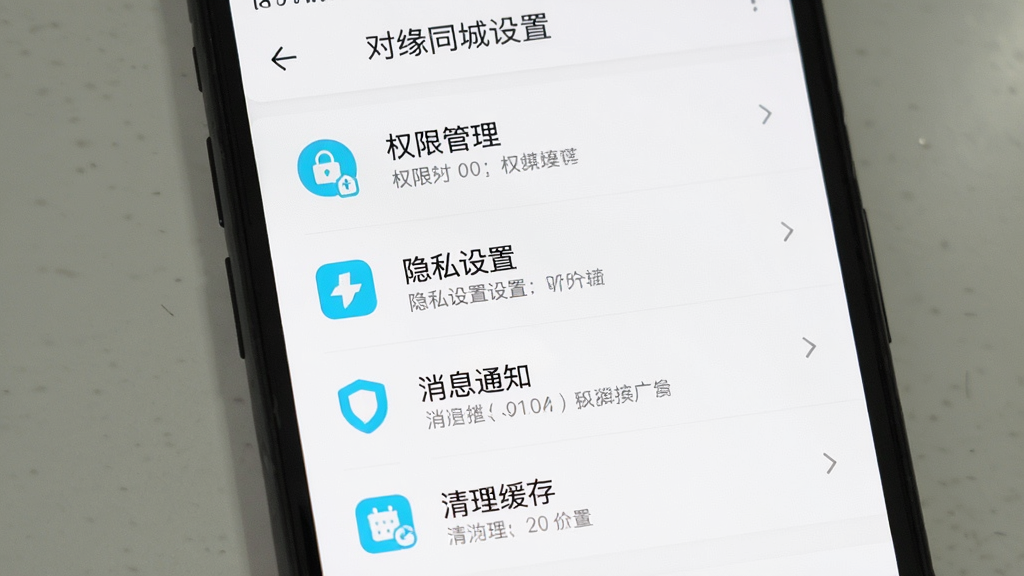 一张手机屏幕展示对缘同城设置页面的截图,页面中包含权限管理、隐私设置、消息通知、清理缓存等选项,界面为白色背景搭配浅蓝色图标,风格简洁清爽,画质清晰,无多余元素