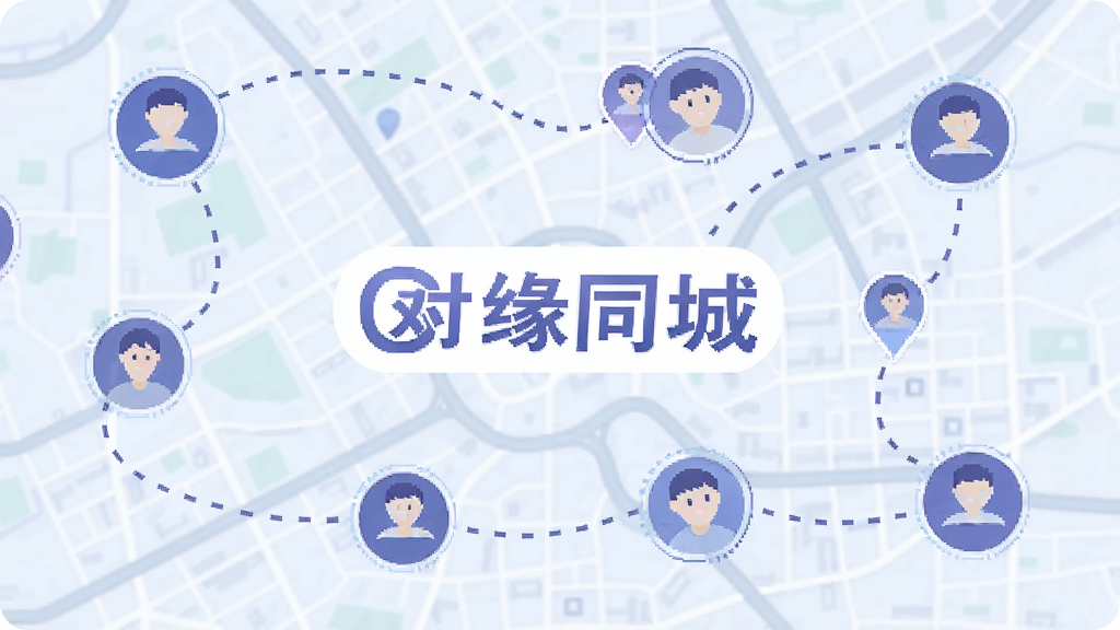 一张以城市地图为背景的插画,地图上散布着多个用户头像图标,图标之间用虚线连接,画面中央有对缘同城文字标识,整体色调为蓝紫色科技感,布局简洁明了,画质清晰干净