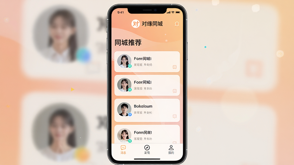 一张展示对缘同城应用界面的手机屏幕截图,画面中央为APP首页,顶部显示对缘同城logo和同城推荐字样,中间是用户头像卡片列表,底部有消息、发现、我的等导航栏,背景为柔和的暖色调渐变,整体风格清新现代,画质清晰,干净无多余元素