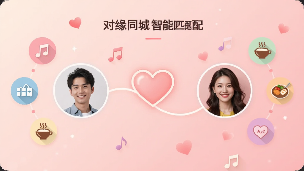 一张展示对缘同城智能匹配功能的界面图,画面中两个用户头像被一条发光的心形线条连接,周围环绕着音乐、旅行、美食等兴趣图标,背景为浅粉色渐变,风格温馨浪漫,画质清晰,无多余元素