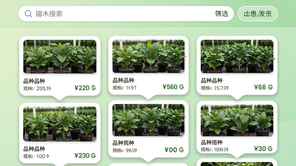 ��ľ��App������Ϣҳ�棬�����Ϸ�����������ɸѡ��ť���·����ٲ���չʾ����ľ��Ƭ��ÿ�ſ�Ƭ������ľ��Ƭ��Ʒ�����ơ����ͼ۸񡣱���Ϊ��͵�ǳ��ɫ���䣬��Ƭ����Բ����Ӱ�����ֲ������½ṹ�������̶����������·����ݿɹ��������Ϊ��ƽ��UI��ƣ�ϸ�����������ʸɾ����޶���Ԫ�ء�