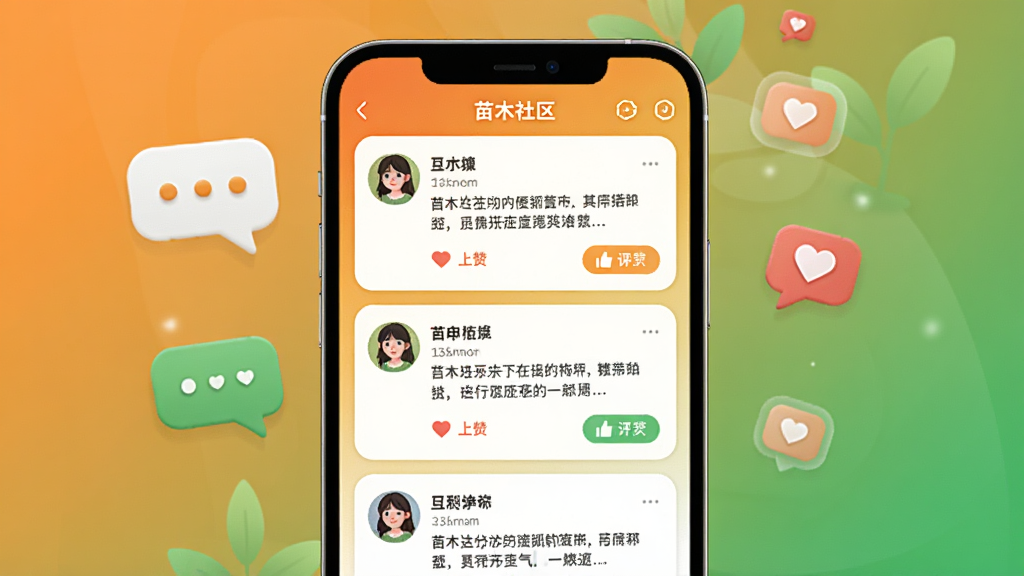 ��ľ��App����ҳ�棬����չʾ�ֻ���Ļ����ʾ�û���̬�б�������ͷ���ǳơ��������ݺ͵������۰�ť����������ܰ�ĳ�ɫ����ɫ���䣬�жԻ����ݺͰ���ͼ��Ư�������ֲ��ÿ�Ƭʽ�б����ֻ�����չʾ�����Ϊ�罻Ӧ��UI���ϸ�ڷḻ�������������ɾ��޶���Ԫ�ء�