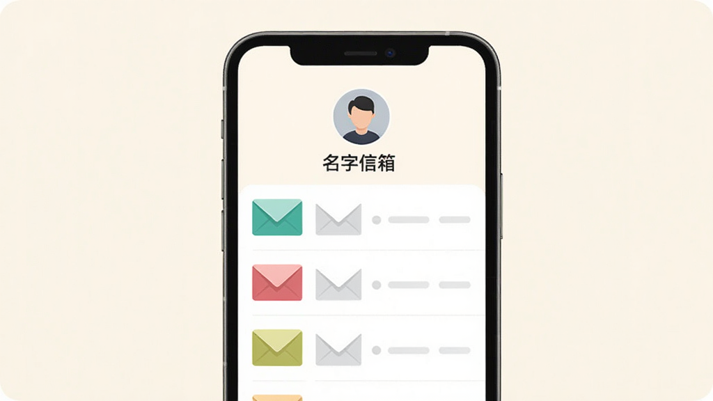 一部手机展示名字信箱的个人信箱页面,页面上方有用户自定义的信箱名称和圆形头像,下方整齐排列着几封未读信件,每封信带有不同颜色的信封图标,整体布局简洁清爽,风格偏向现代扁平化设计,背景为柔和的米白色,画面干净明亮,文字“名字信箱”清晰可见