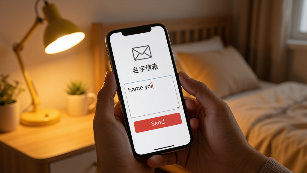 一只手握着手机,屏幕上显示名字信箱的匿名写信界面,界面中有一个正在输入文字的输入框和一枚红色的发送按钮,背景是温馨的卧室场景,暖黄色台灯照亮桌面,风格写实温暖,细节包括手机屏幕上的信封图标和“名字信箱”字样,画质高清,干净无杂乱元素