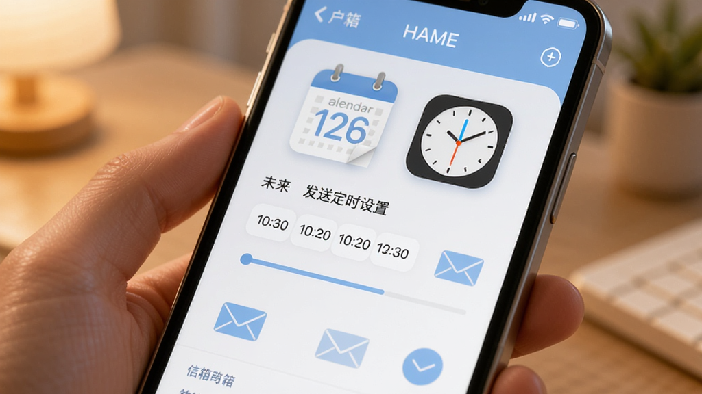 手机屏幕显示名字信箱的定时设置界面,日历和时钟图标突出显示,用户正在选择未来的发送日期,界面配色以淡蓝色和白色为主,背景虚化处理,风格科技感与温馨感结合,细节处可见时间轴和信封图标,画质细腻,无多余装饰