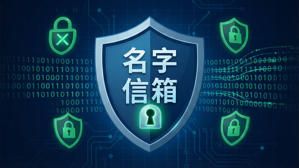 一个带有盾牌和锁形图标的安全防护概念图,盾牌中央写有“名字信箱”四个字,周围环绕着数据加密的二进制代码和绿色安全标识,背景为深蓝色科技网格,风格安全可靠,细节包括锁孔发光效果和流动的数据线条,画质锐利,干净简洁