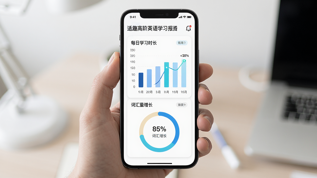 适趣高阶英语学习数据报告页面,手机屏幕展示柱状图与环形进度图,显示每日学习时长与词汇量增长曲线,背景为白色卡片式布局,风格清新数据可视化,细节包含日期标签与百分比数字,画质高清,干净,无多余元素