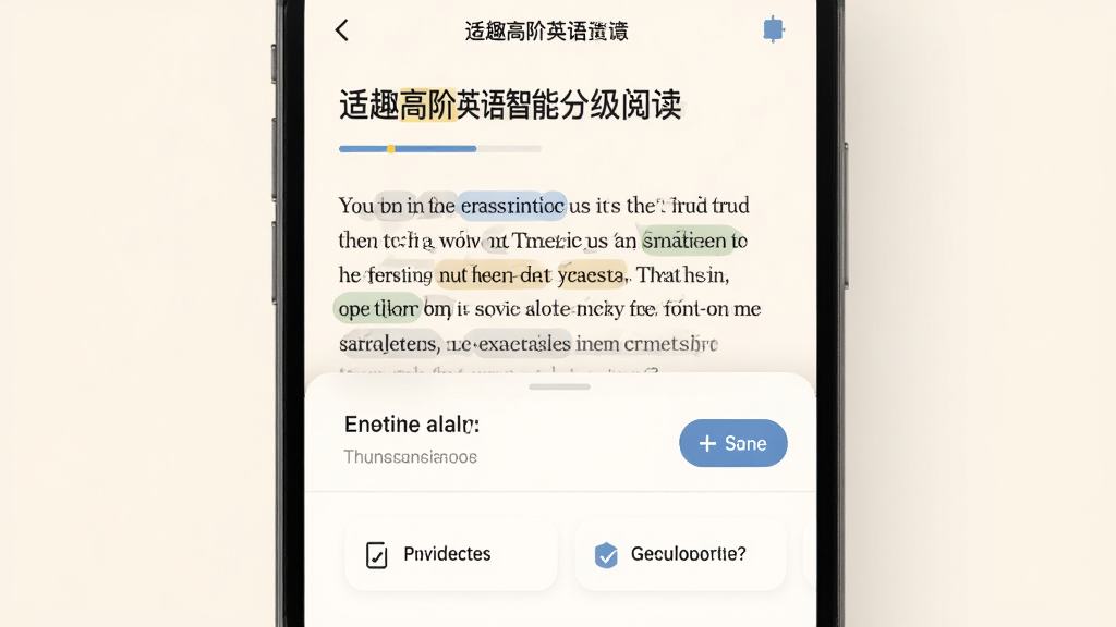 适趣高阶英语智能分级阅读界面,手机屏幕显示一篇英文文章,文中关键词汇被高亮标注,下方弹出翻译卡片与练习题选项,背景为柔和米白色,整体排版清晰,风格简洁教育类APP,细节包含文章标题、进度条与按钮,画质高清,干净,无多余元素